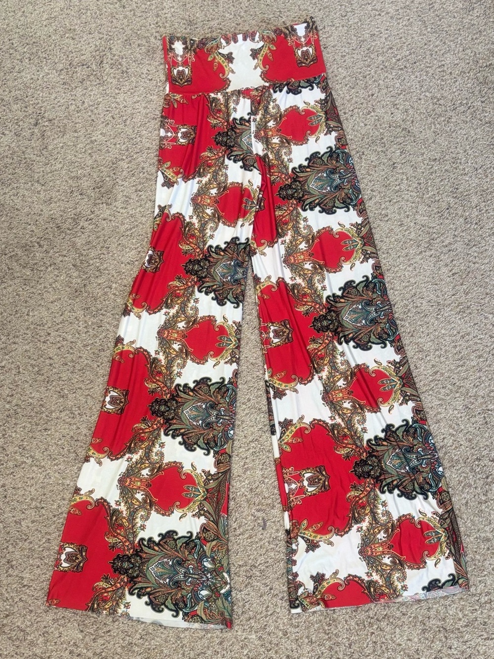Uptown Apparel Red Paisley-Accent Wide Leg Palazzo Pants Size: Medium - Picture 2 of 7